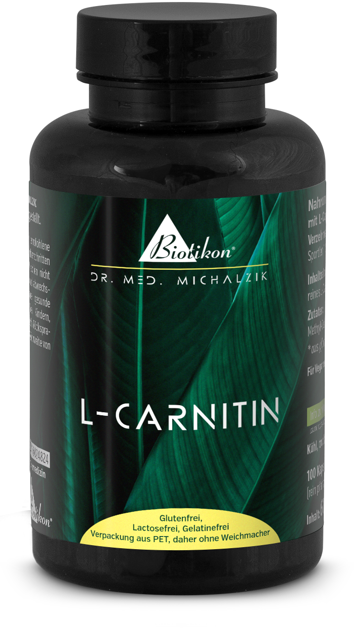 L-Carnitine 100 Capsules – Dietary Supplement Black bottle containing L-Carnitine capsules, 100 pieces, in PET packaging, gluten-free.