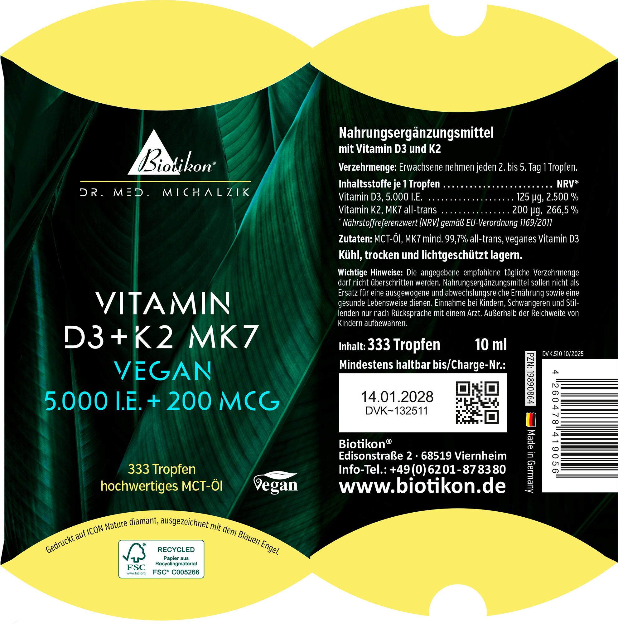 Dietary supplement with Vitamin D3 and K2 in drop form, 10 ml, green packaging.