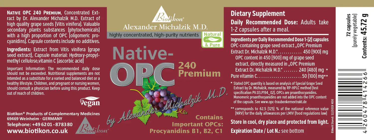 Native OPC 240 Premium - Capsules Capsules with grape seed extract, 72 pieces, red-brown packaging, front view.