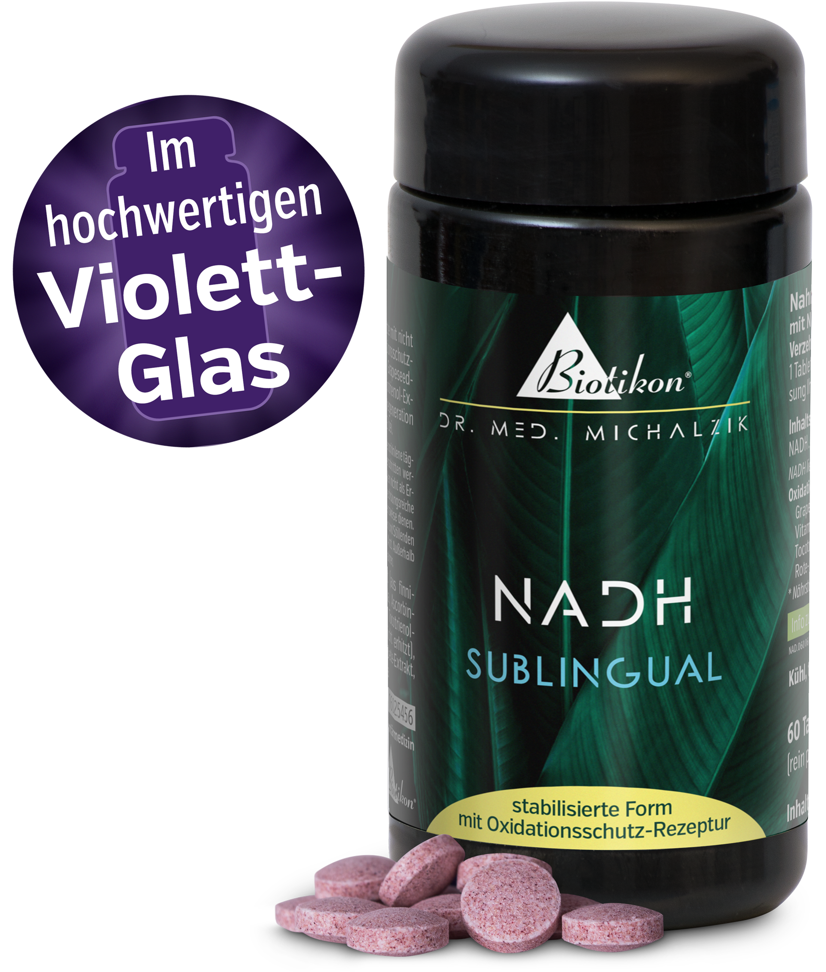 NADH Dose in High-Quality Purple Glass Purple glass bottle containing 60 sublingual tablets, elegantly packaged.