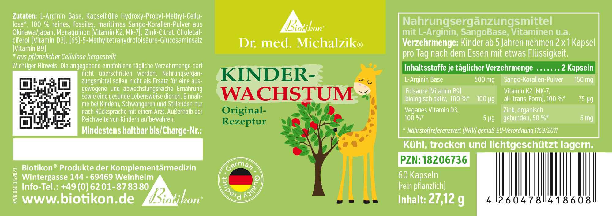 Children's Growth Capsules – 60 Count Supplement in green packaging, 60 capsules, with L-Arginine and vitamins, packed in a tin.