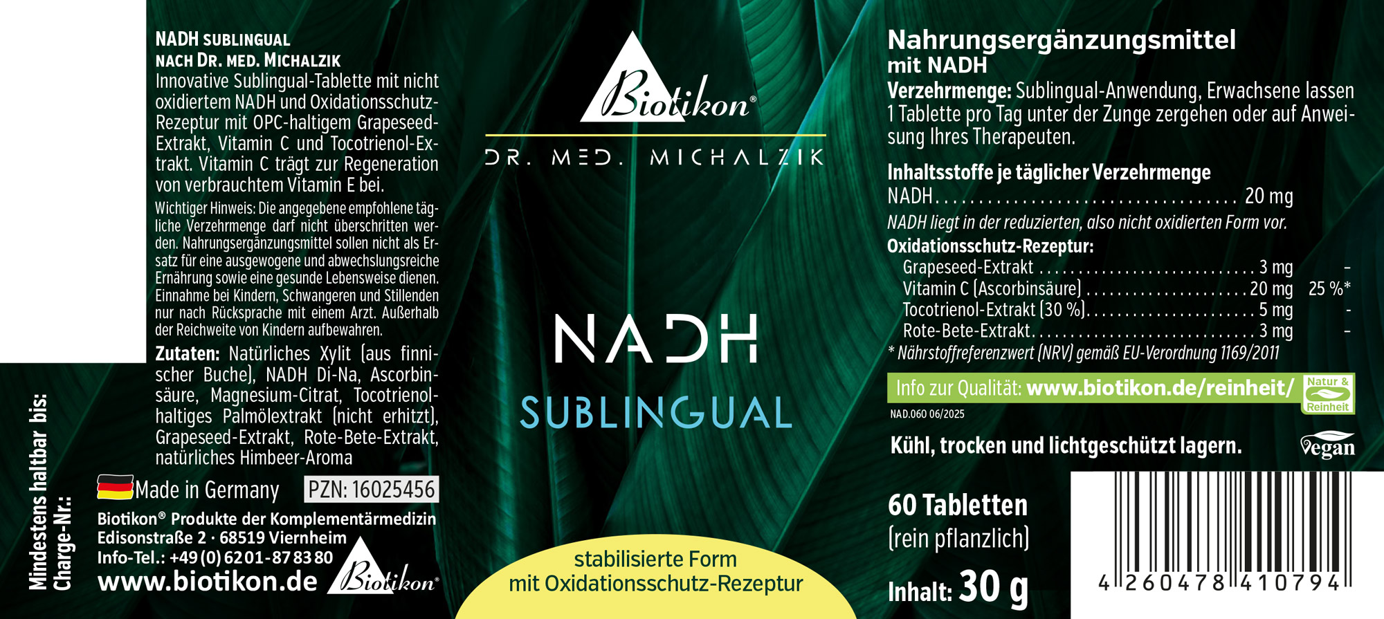 NADH Sublingual 20 mg – 60 Tablets NADH Sublingual tablets in green packaging, 60 pieces, 30 g, featuring ingredient information.