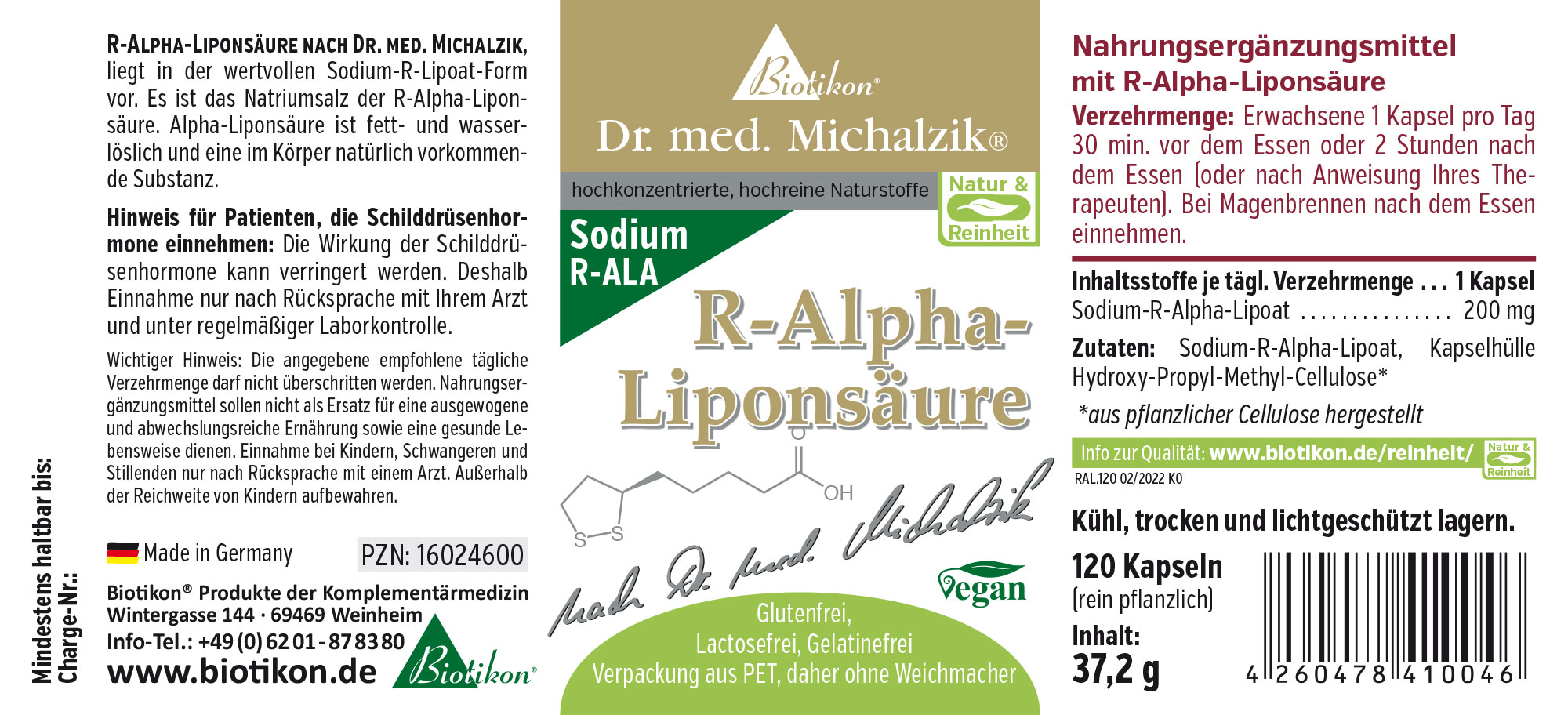 R-Alpha Lipoic Acid 200 mg – 120 Capsules 120 capsules of R-Alpha Lipoic Acid, vegan packaging, green and gold lettering, side view.