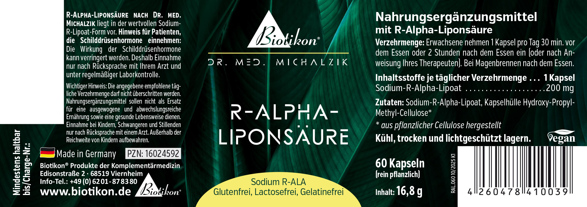 R-Alpha Lipoic Acid 200 mg – 120 Capsules 120 capsules of R-Alpha Lipoic Acid, vegan packaging, green and gold lettering, side view.