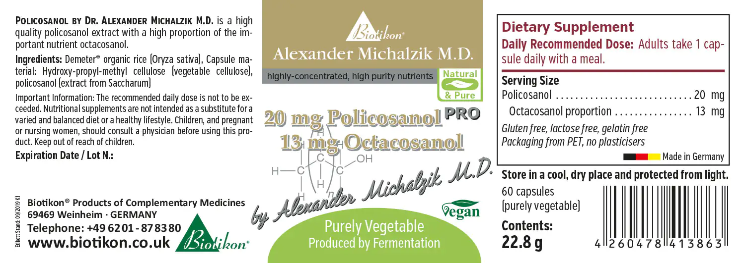 Policosanol 20 mg - Capsules Dietary supplement with 60 capsules, 20 mg Policosanol and 13 mg Octacosanol in clear packaging.