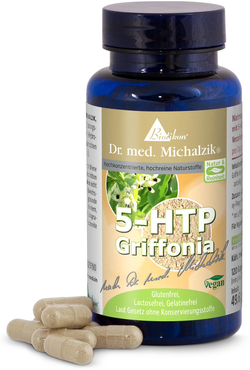 5-HTP Griffonia – 120 Capsules Brown capsules of 5-HTP Griffonia in a blue bottle, 120 capsules, vegan.