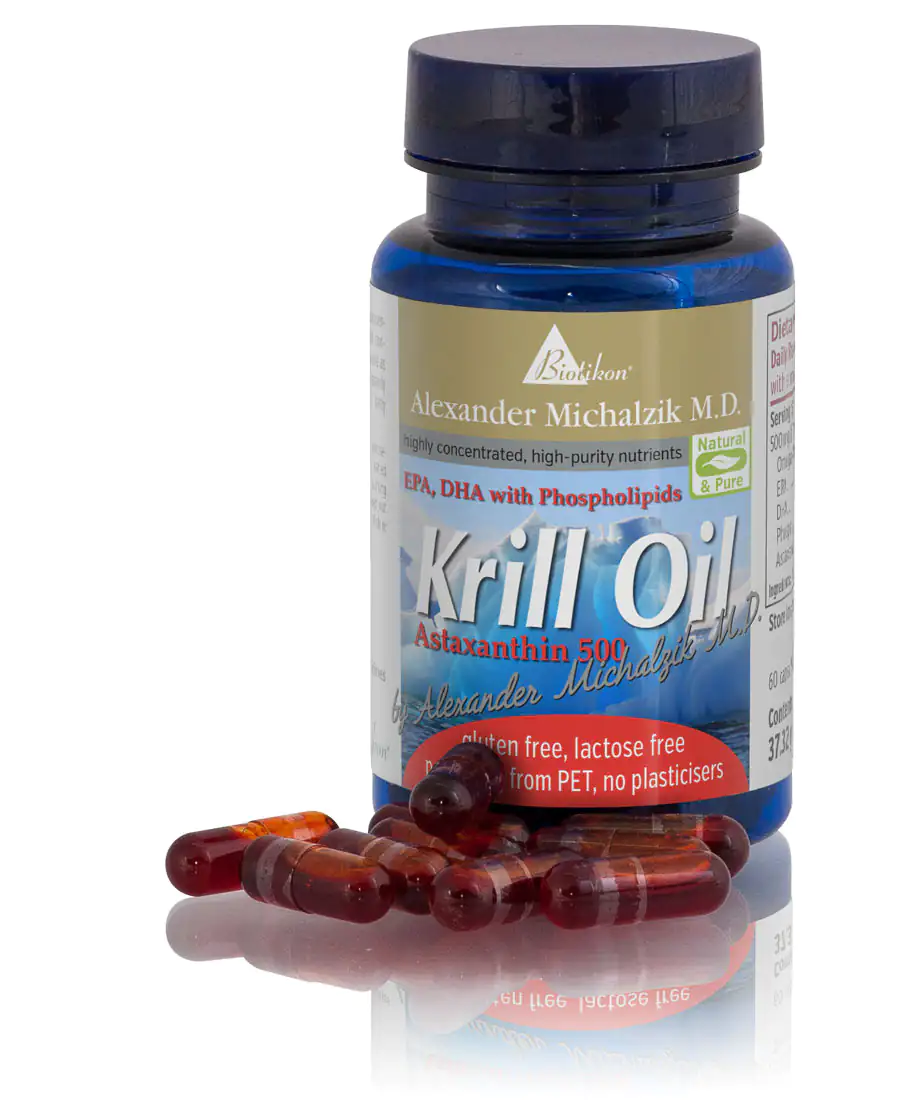 Krill Oil 500 mg – Capsules 500 mg krill oil capsules with astaxanthin in blue bottle, showing reddish-brown capsules.