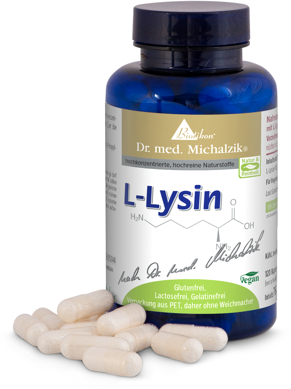 L-Lysine 120 Capsules – High Concentration L-Lysine capsules in a blue PET bottle, 120 pieces, white, vegan, gluten-free, lactose-free, with some capsules beside.