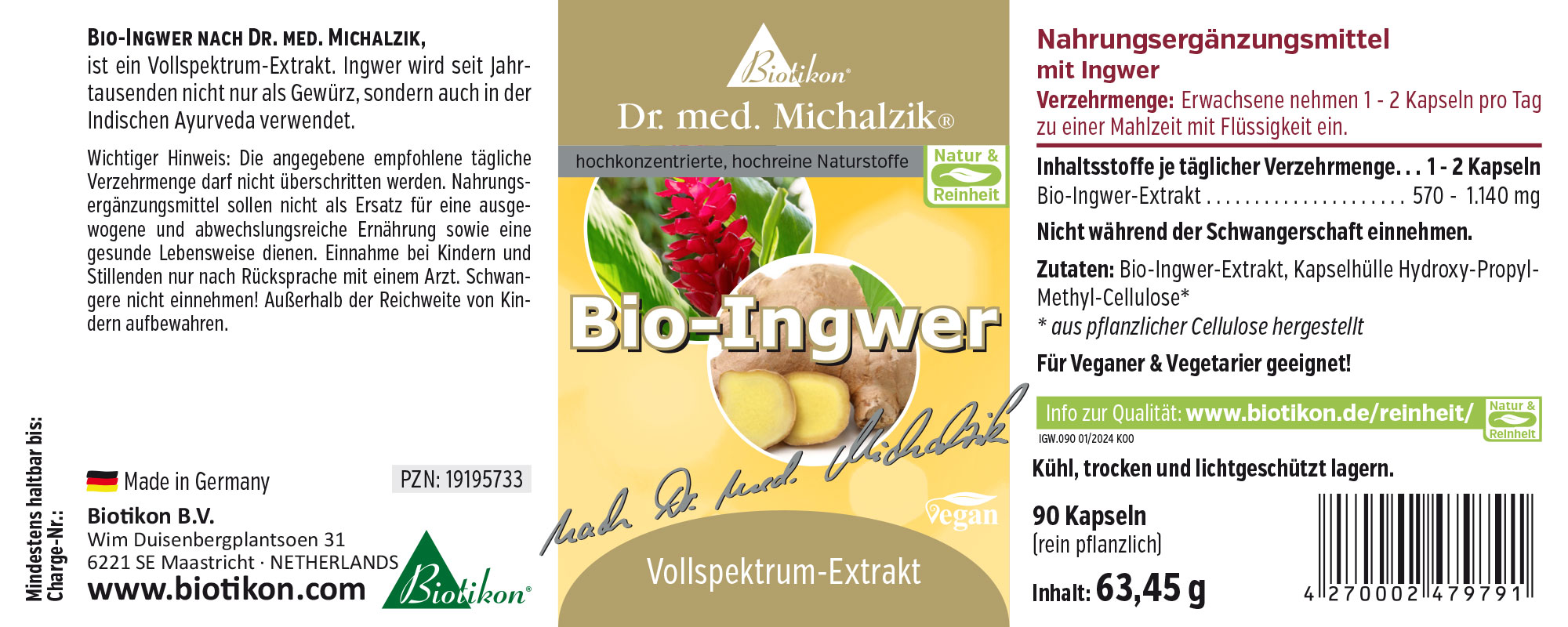 Organic Ginger 1-2 Capsules – Full Spectrum Extract Organic ginger dietary supplement capsules, 90 pieces, yellow packaging, front view.