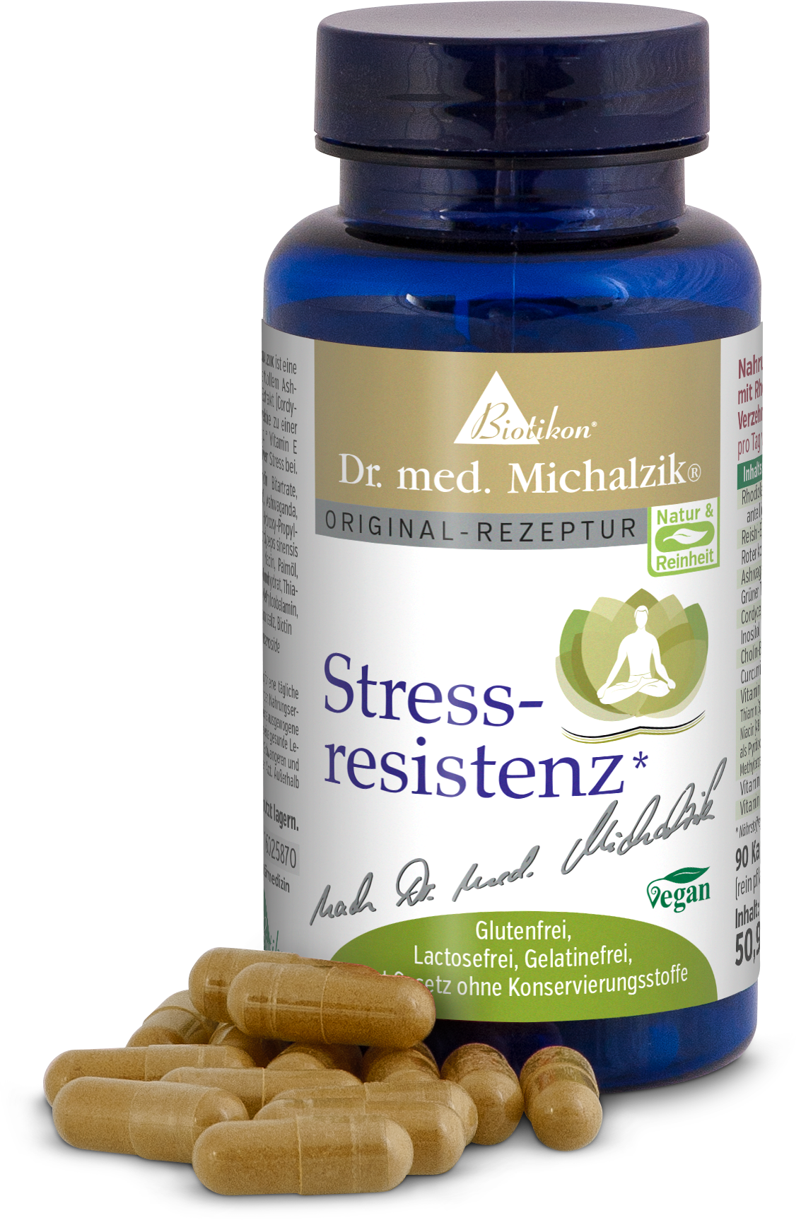 Stress Resistance 90 Capsules – Dietary Supplement Blue bottle with 90 stress resistance capsules, capsules in light green and beige.