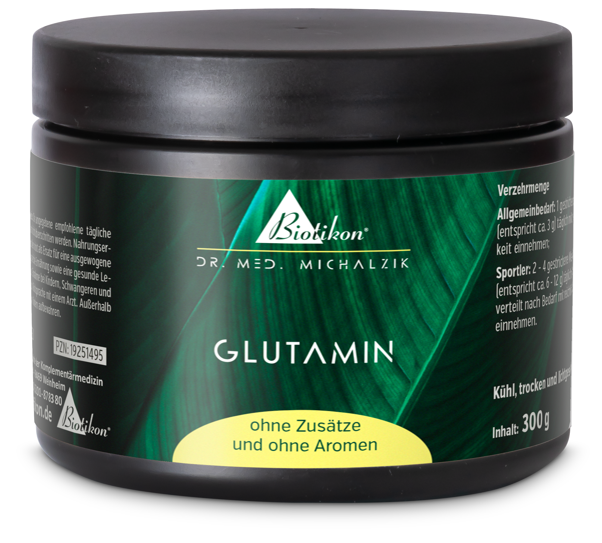 Glutamine 300 g – Powder Glutamine powder in a black plastic container, 300 g, no additives or flavors, green packaging.