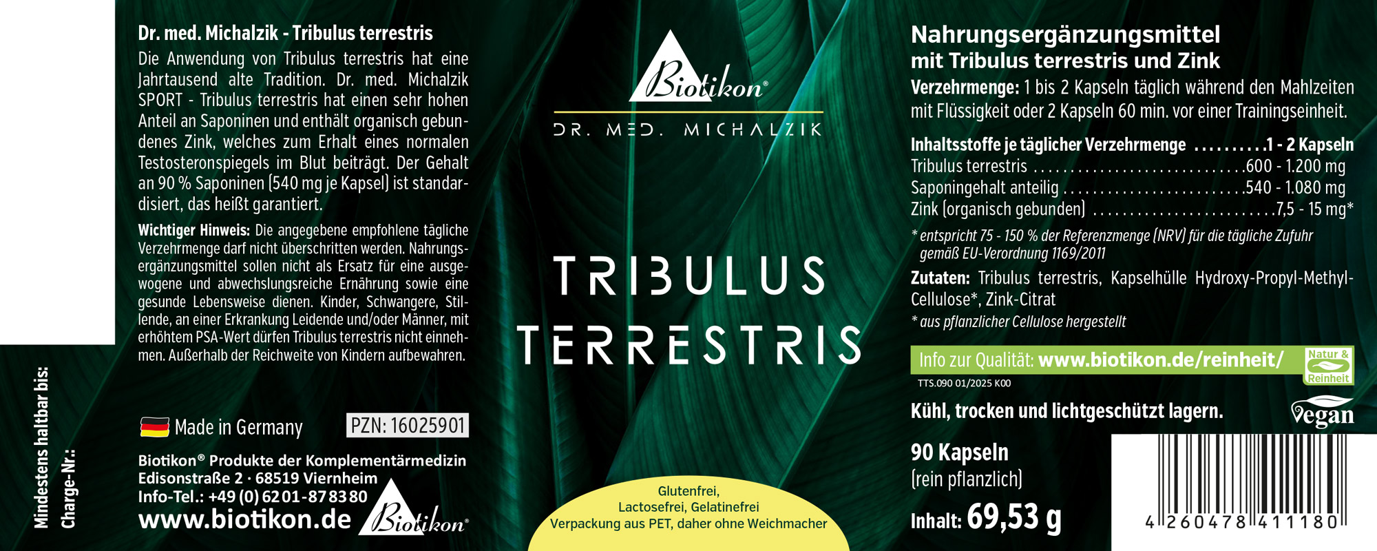 Tribulus Terrestris 90 Capsules - Dietary Supplement Dietary supplement Tribulus Terrestris in a package of 90 capsules, green and yellow, front view.