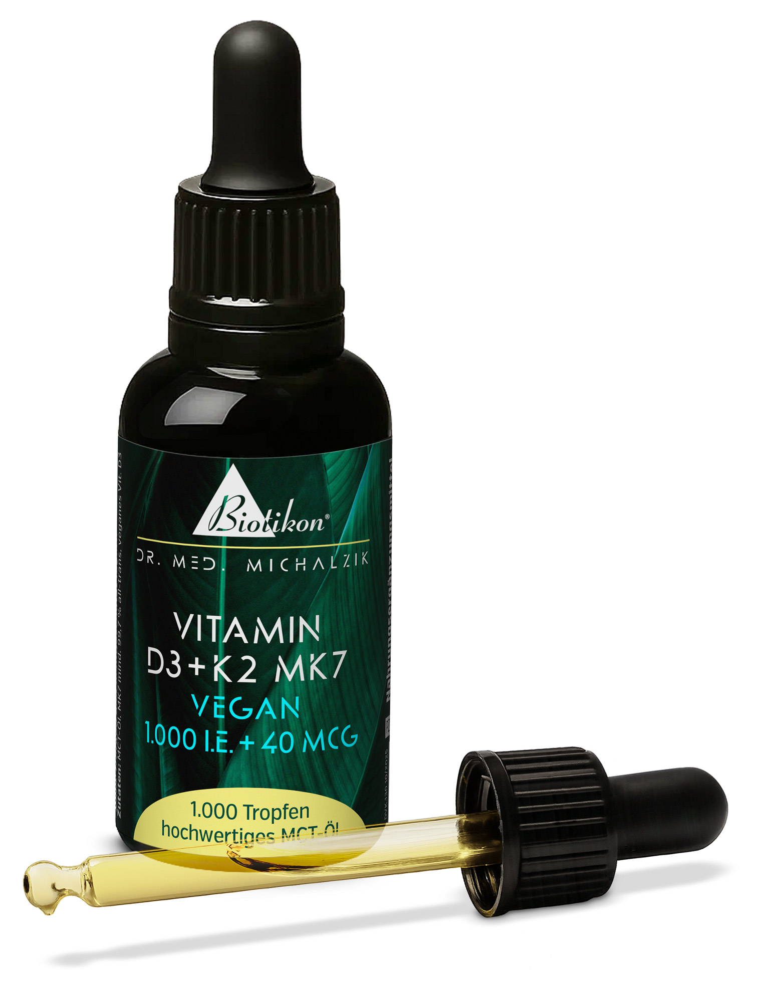 Bottle of Vitamin D3 and K2 MK7 drops, 1000 IU and 40 Mcg, golden liquid in dropper.