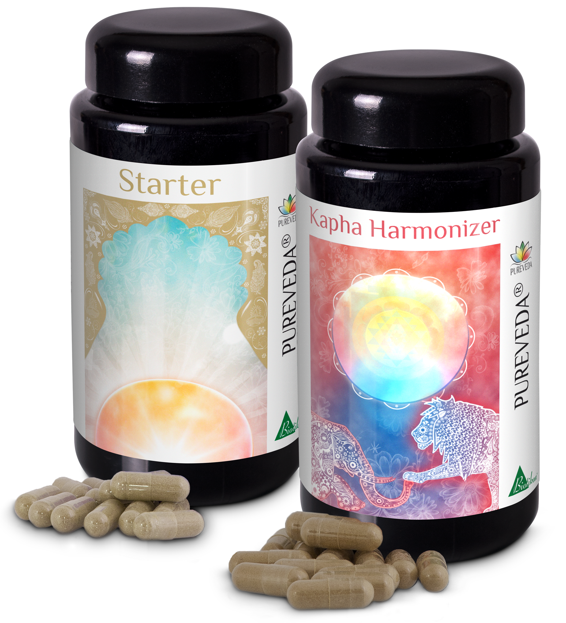 Ayurvedic Capsules – Starter & Kapha Harmonizer Two bottles of Ayurvedic capsules, one in light colors, the other in bold tones, with several capsules beside them.