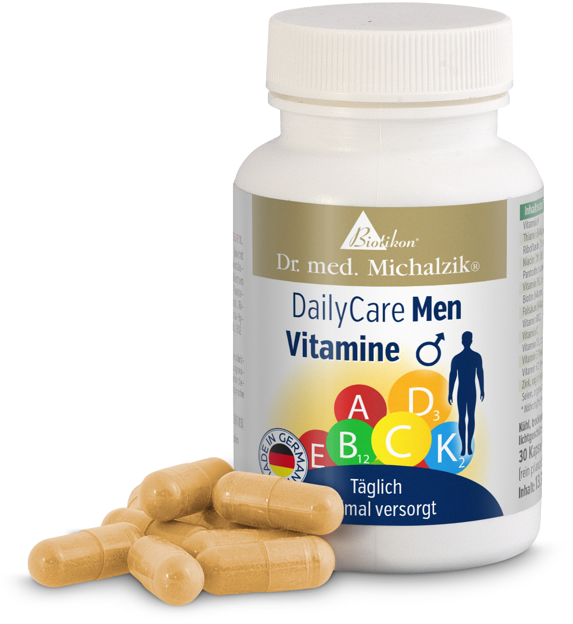 DailyCare Men Vitamins – Capsules Pack of DailyCare Men Vitamins, 30 beige capsules, with visible capsules beside.