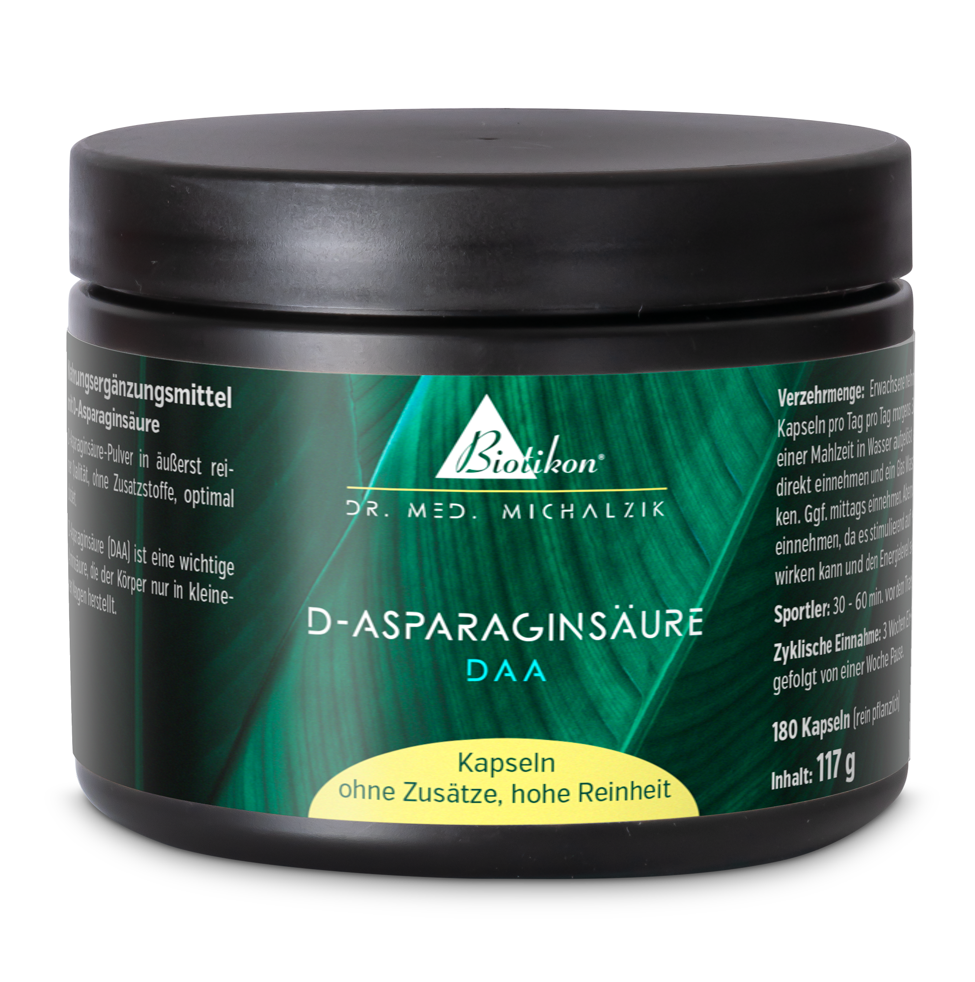 D-Aspartic Acid 180 Capsules Container of D-Aspartic Acid with 180 capsules, black packaging with green accents.