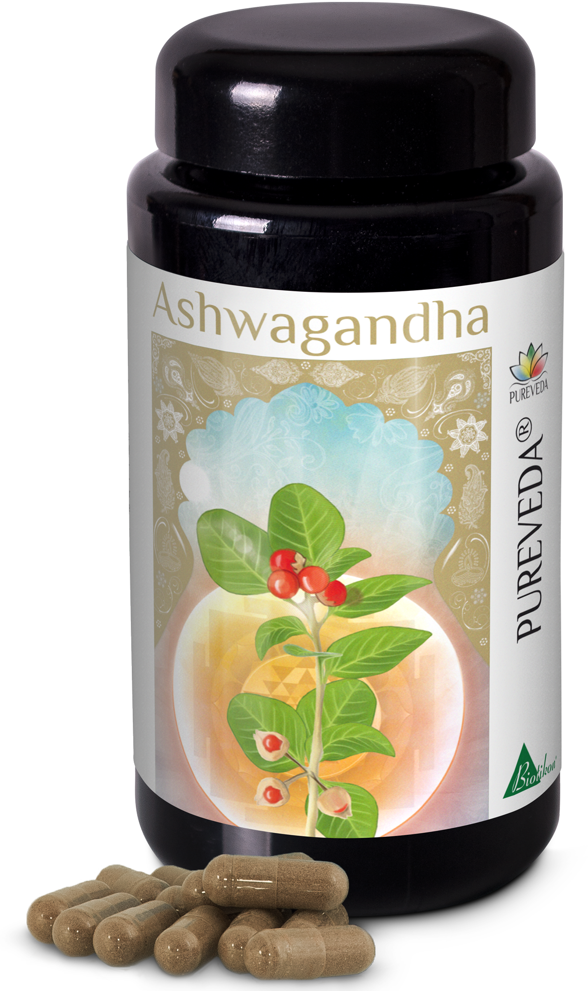 Ashwagandha 500 mg – Capsules Pack of 500 mg Ashwagandha capsules in a black container, with several capsules in the foreground.
