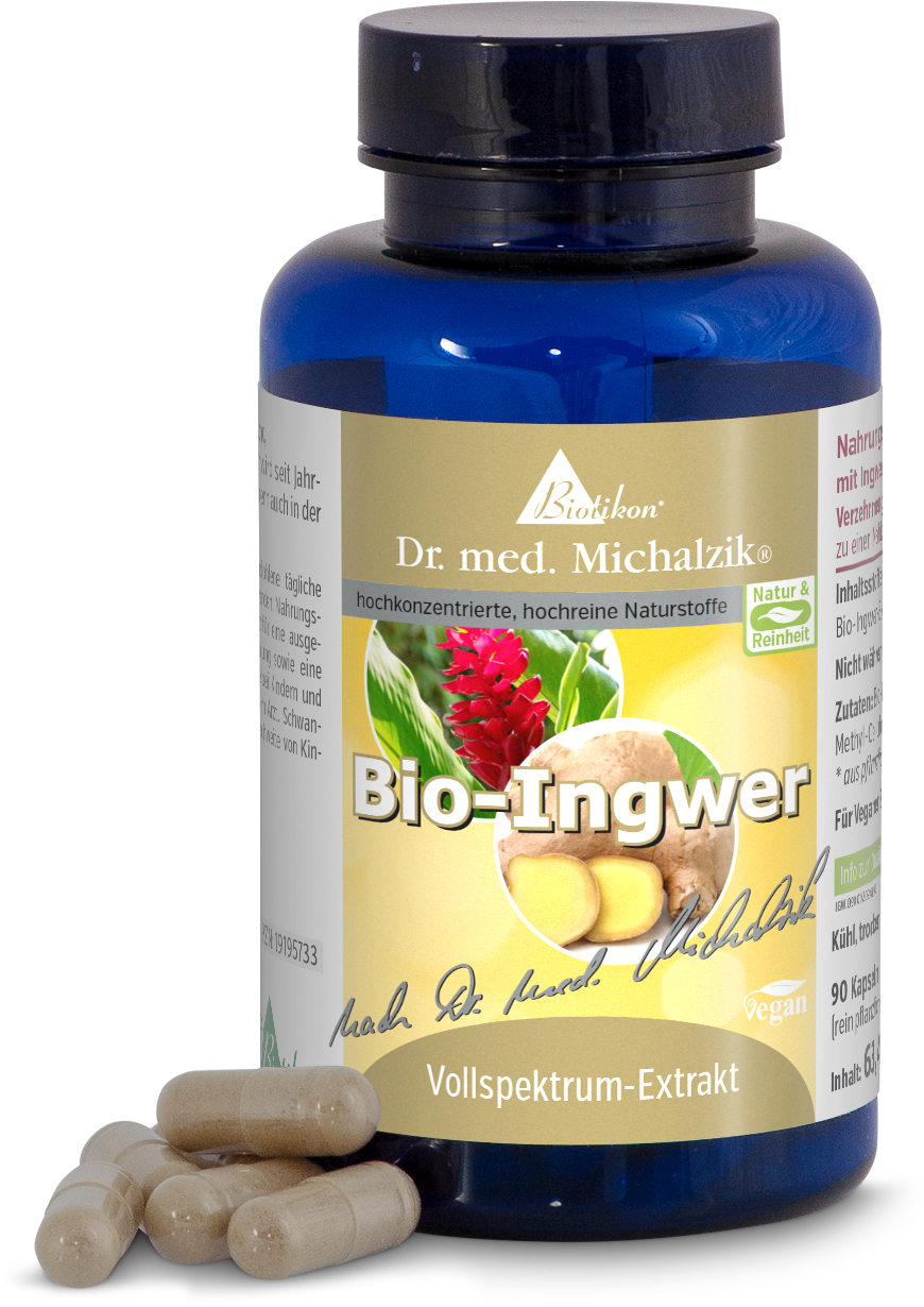 Organic Ginger 90 Capsules – Full Spectrum Extract Blue bottle featuring 90 vegan capsules, organic ginger full spectrum extract, visible capsules in the foreground.
