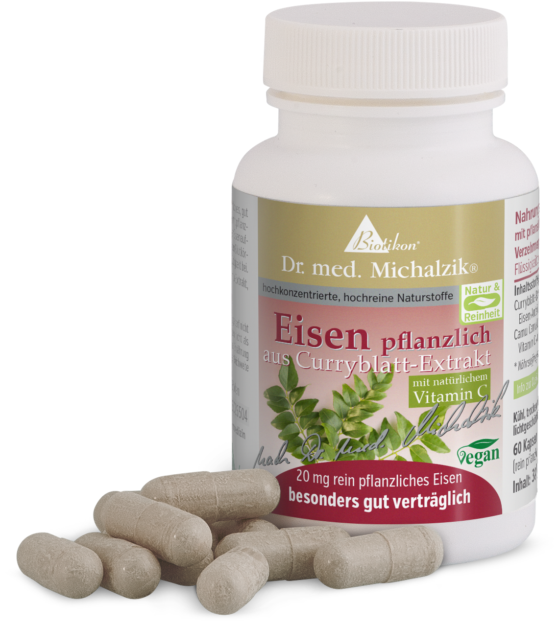 Plant-Based Iron 20 mg - Capsules Bottles containing 60 capsules, plant-based iron from curry leaf extract, vegan capsules.