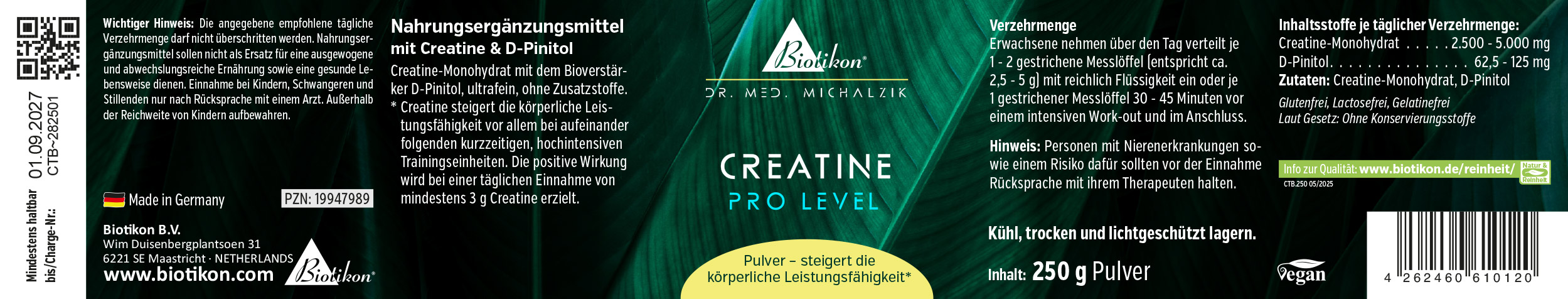 Creatine Monohydrate 250g – Powder Dietary supplement with creatine and D-Pinitol, 250g powder in green packaging.