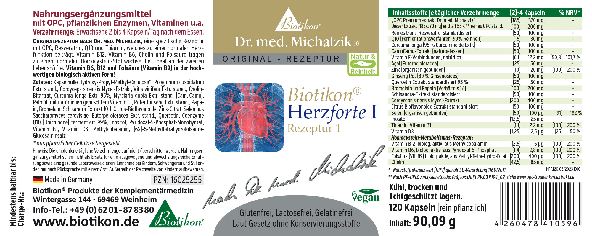 Biotikon Heart Forte I - 120 Capsules Dietary supplement for heart support, 120 vegan capsules in green packaging.