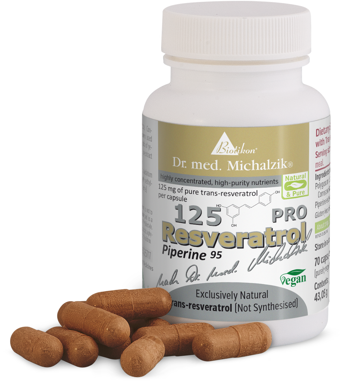 Resveratrol 125 PRO Dose Resveratrol capsules with 125 mg trans-resveratrol, 70 capsules in a white bottle, brown capsules visible.