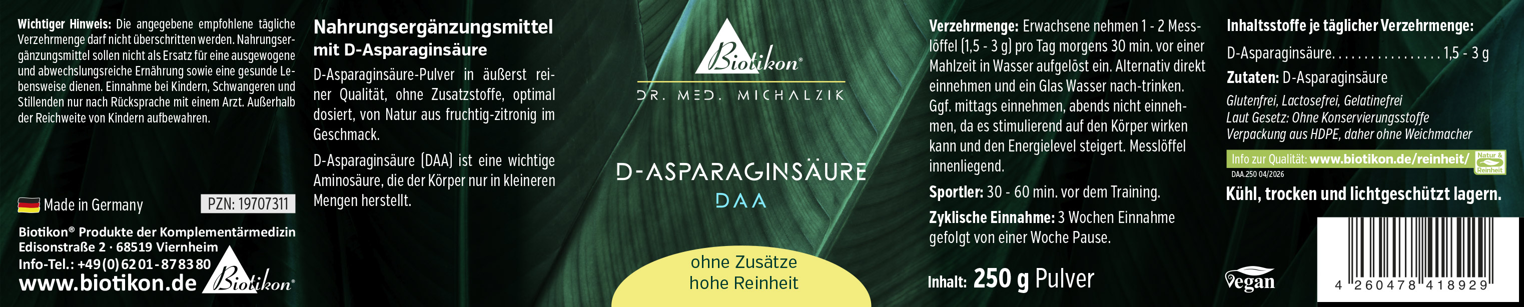 D-Aspartic Acid powder in 250 g packaging, greenish black, view of the box with dosage instructions.