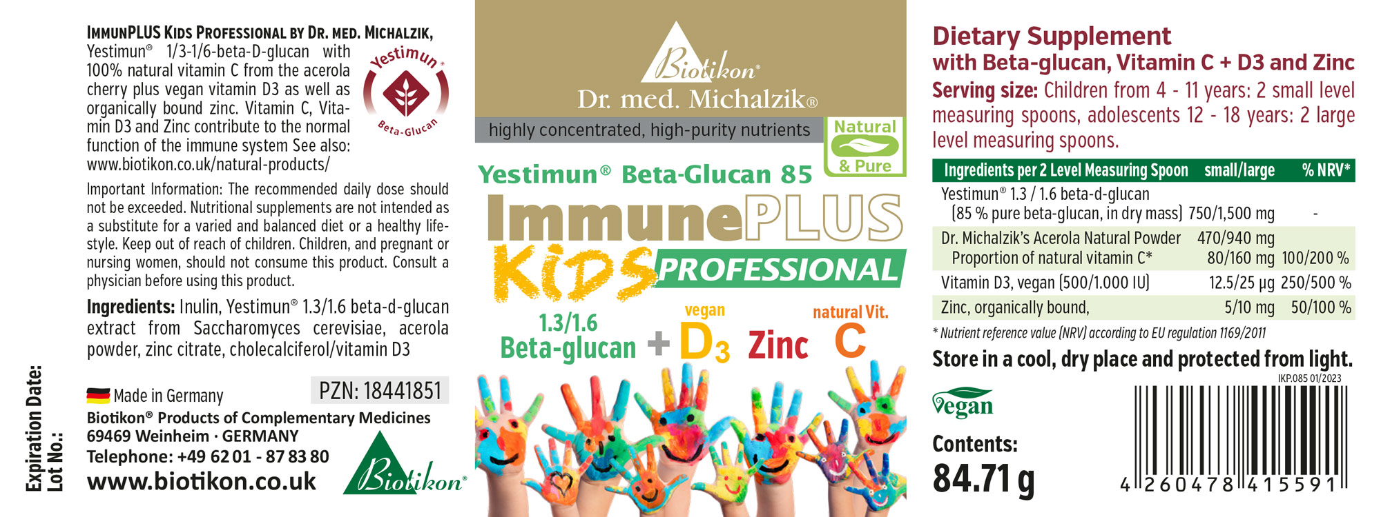 ImmunPLUS Kids Professional – Powder Dietary supplement powder with Yestimun Beta-glucan, Vitamin C, D3, and Zinc, 84.71 g, packaging featuring colorful hands.