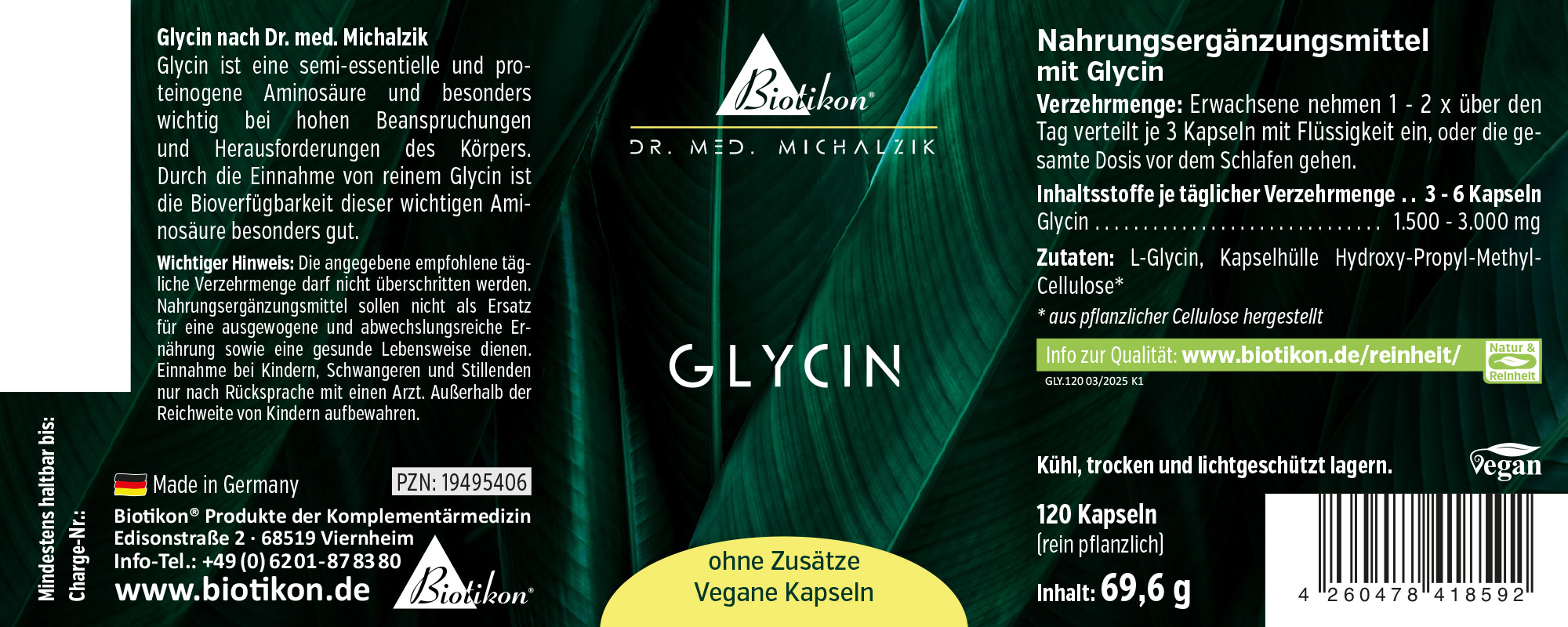 Glycine 120 Capsules – Dietary Supplement Vegan capsules with glycine, 120 pieces, green packaging, front view.