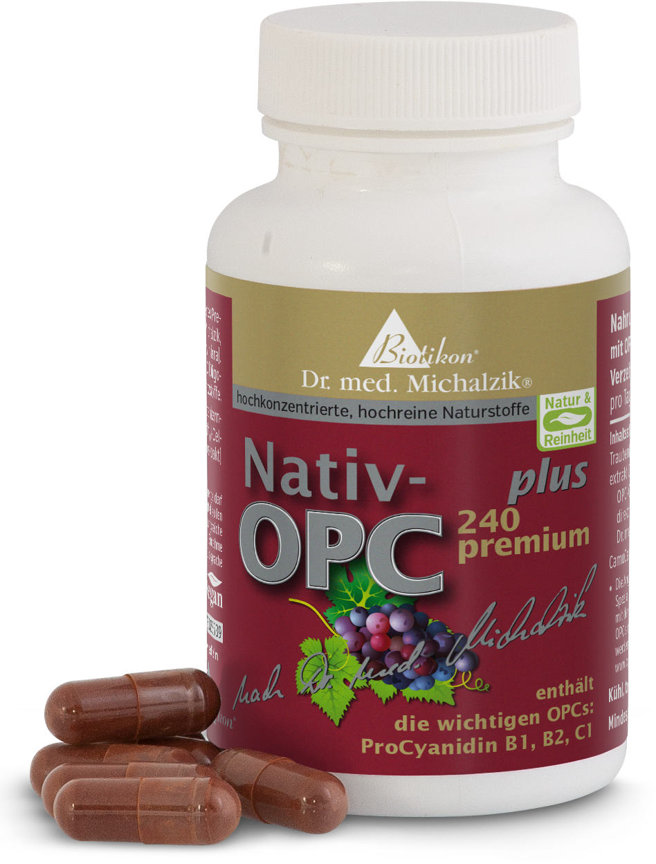 Nativ-OPC Plus 240 – Capsules Brown capsules in a white bottle, 240 pieces, product with grape seed extract, front view.