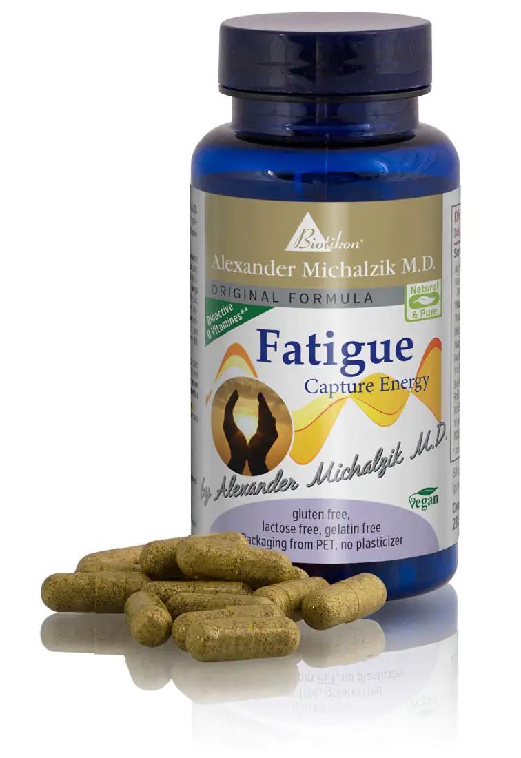 Fatigue Capsules – 60 Count Bottle of Fatigue Capsules, 60 count, green capsules, vegan formula, PET packaging, side view.