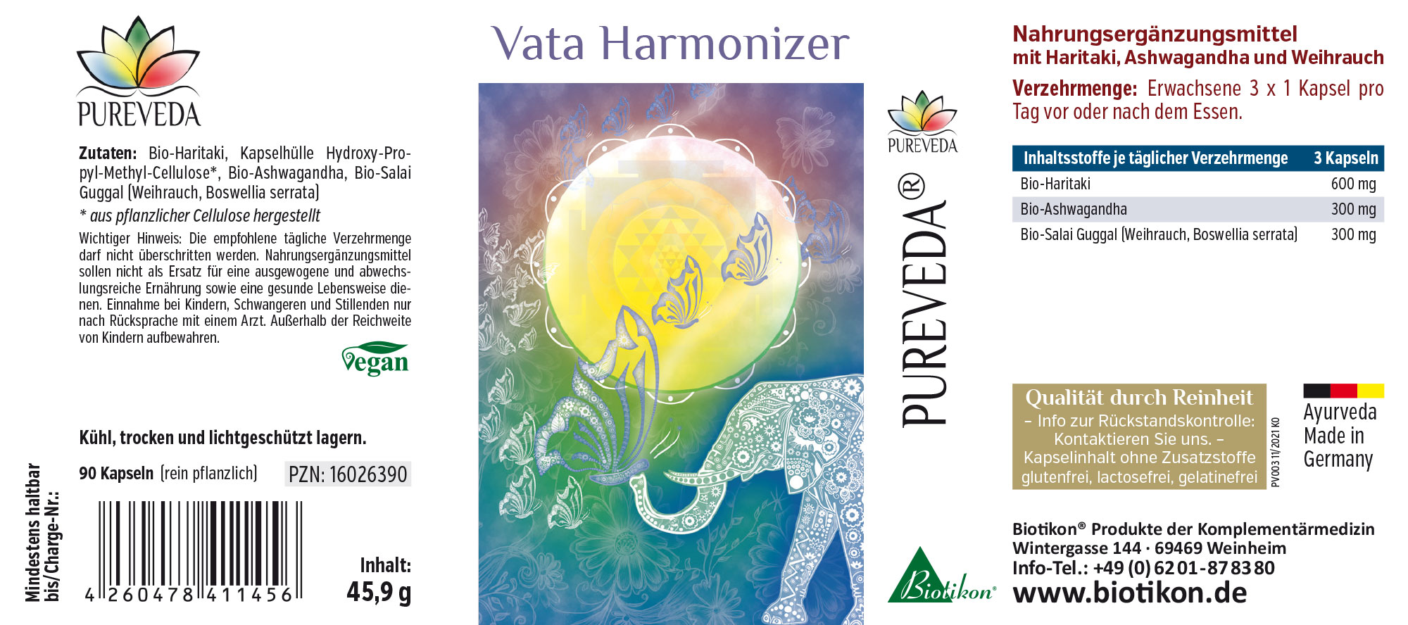 Vata Harmonizer – 90 Capsules Vata Harmonizer dietary supplement in a pack of 90 vegan capsules, vibrant design.