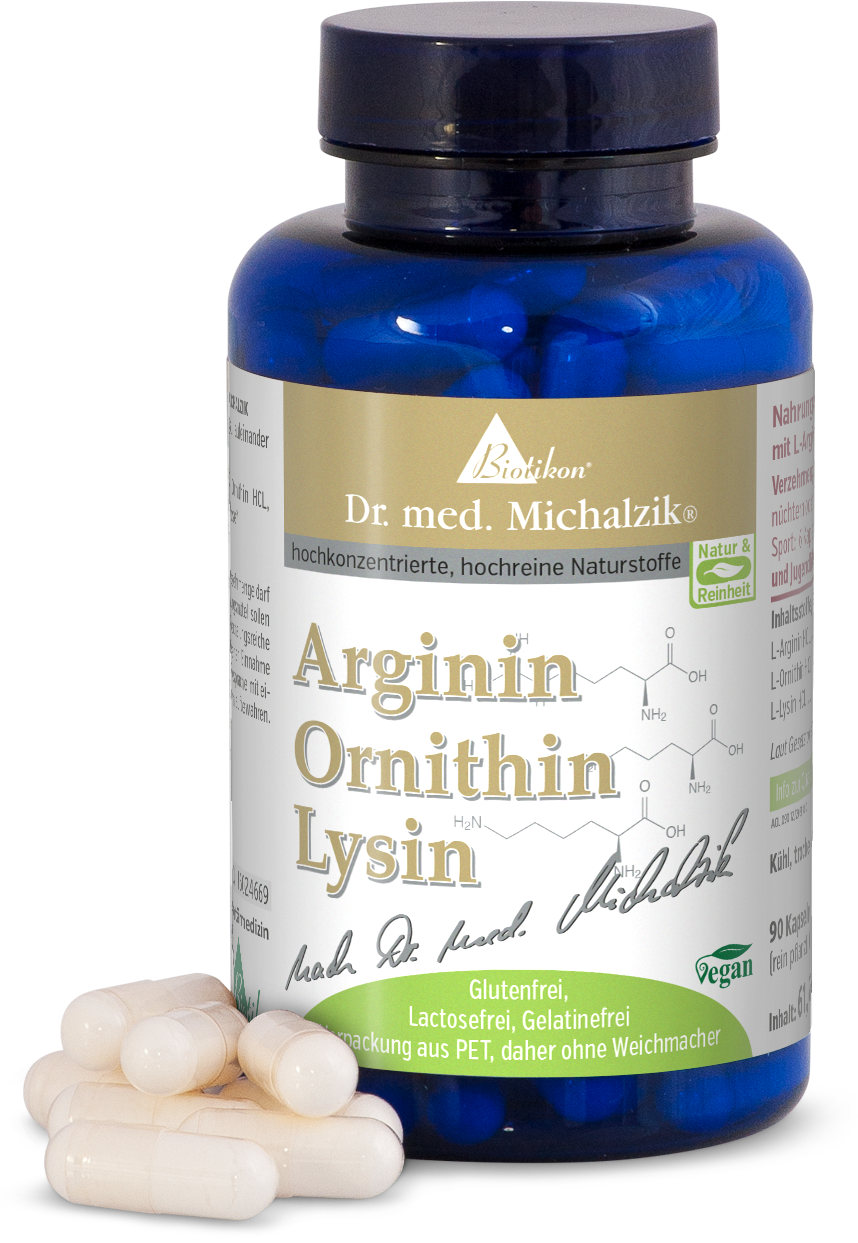 Arginine Ornithine Lysine – 90 Capsules Blue bottle with 90 vegan capsules, beside some capsules, gluten-free and lactose-free.