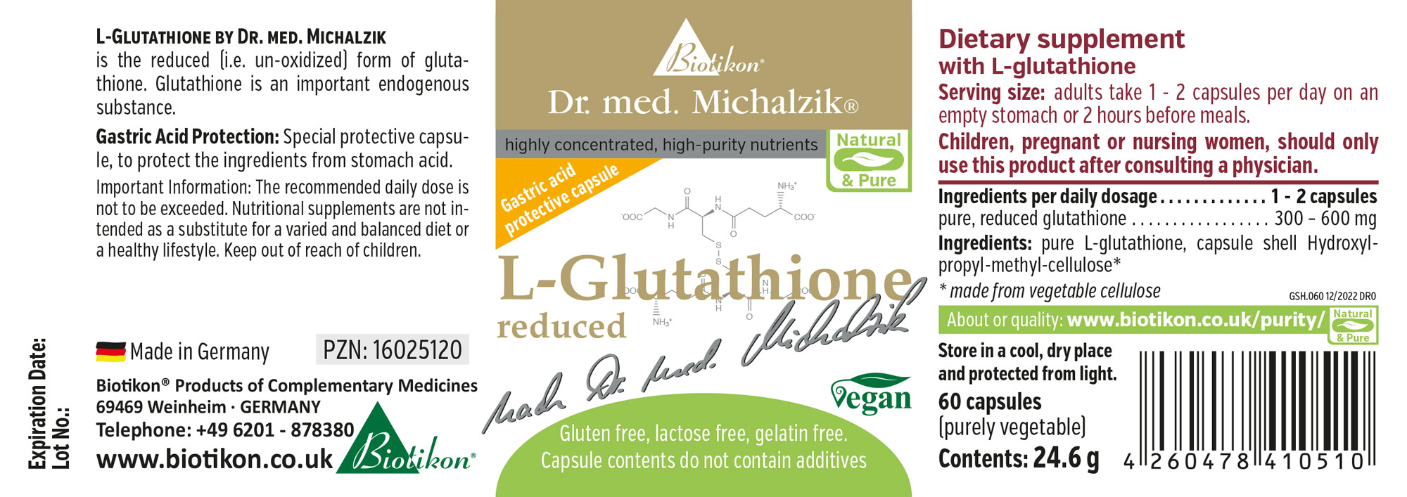 L-Glutathione 300-600 mg – Capsules L-Glutathione capsules in green packaging, 60 capsules, vegan, made in Germany.
