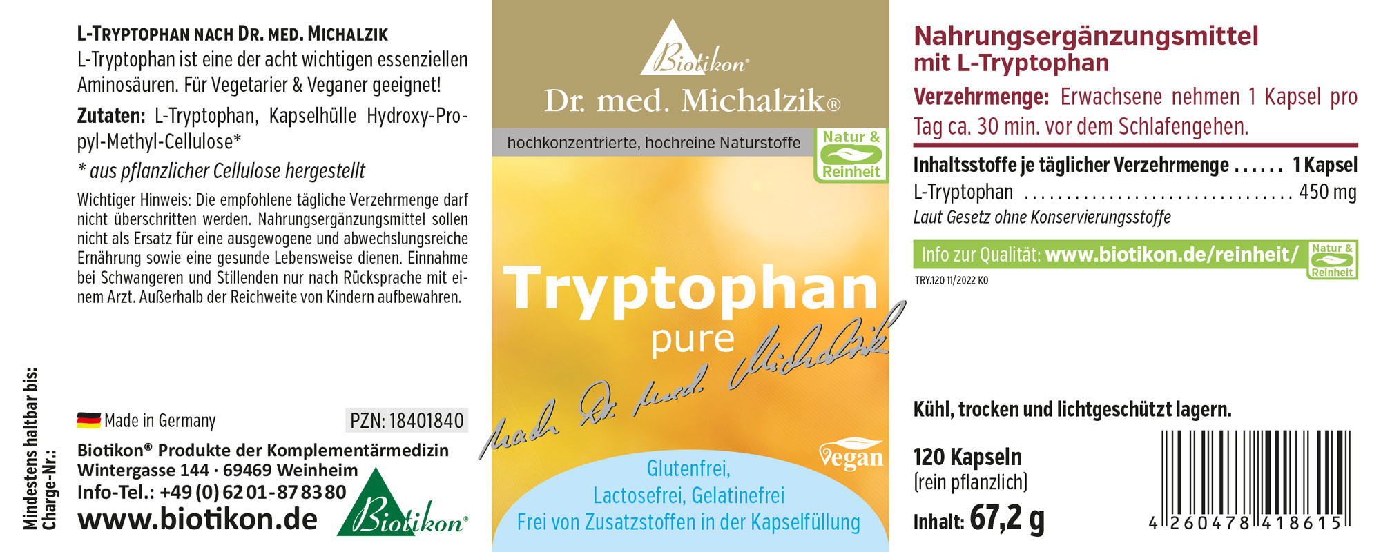 L-Tryptophan 450 mg Capsules – 120 Count Dietary supplement L-Tryptophan in vegan capsules, 120 capsules, yellow packaging.