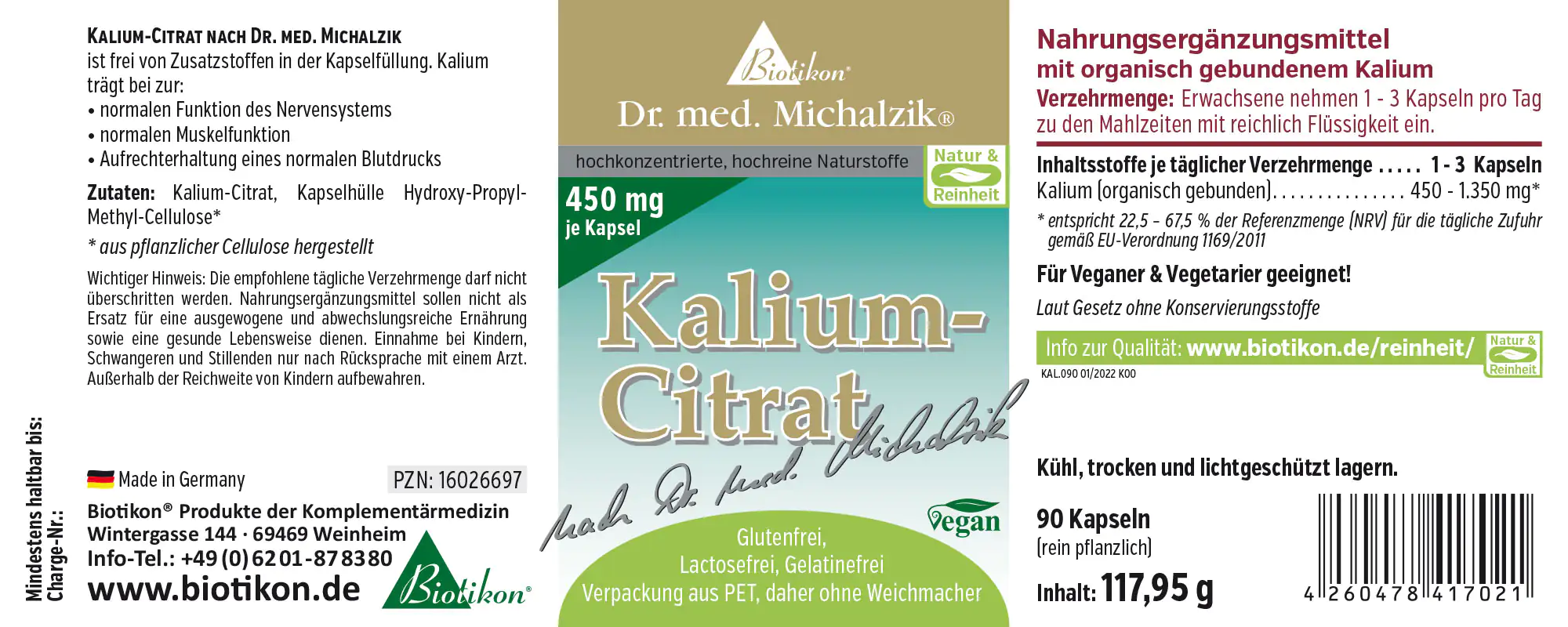 Potassium Citrate 450 mg – Capsules Dietary supplement, 90 capsules, light packaging, side view, vegan.