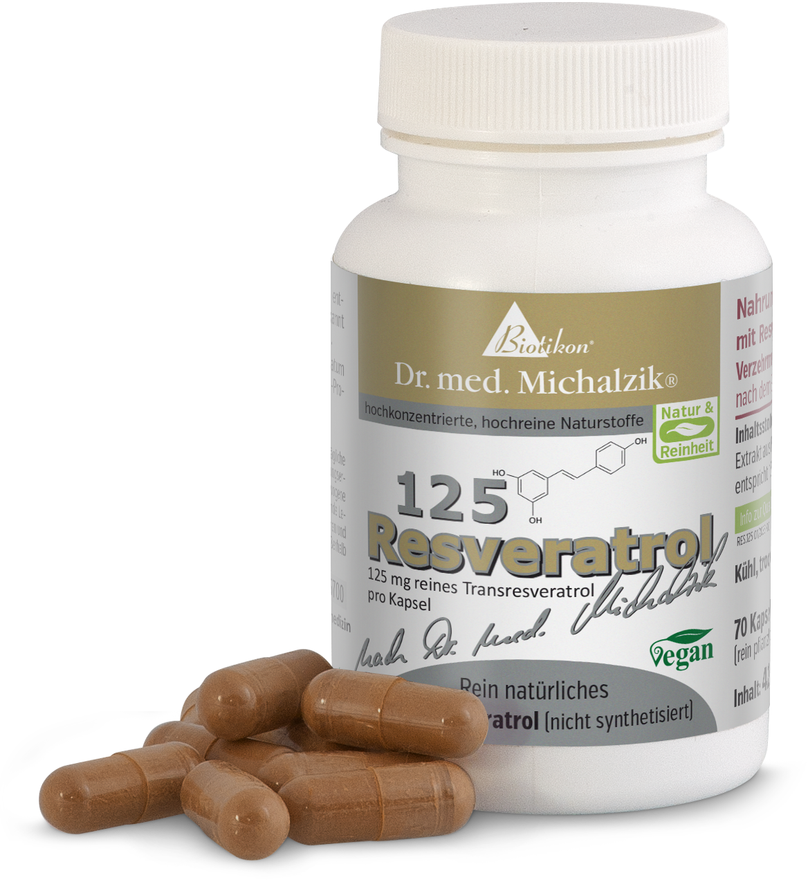Resveratrol 125 mg – Capsules Brown capsules containing 125 mg of Resveratrol, 70 capsules in a clear bottle, side view