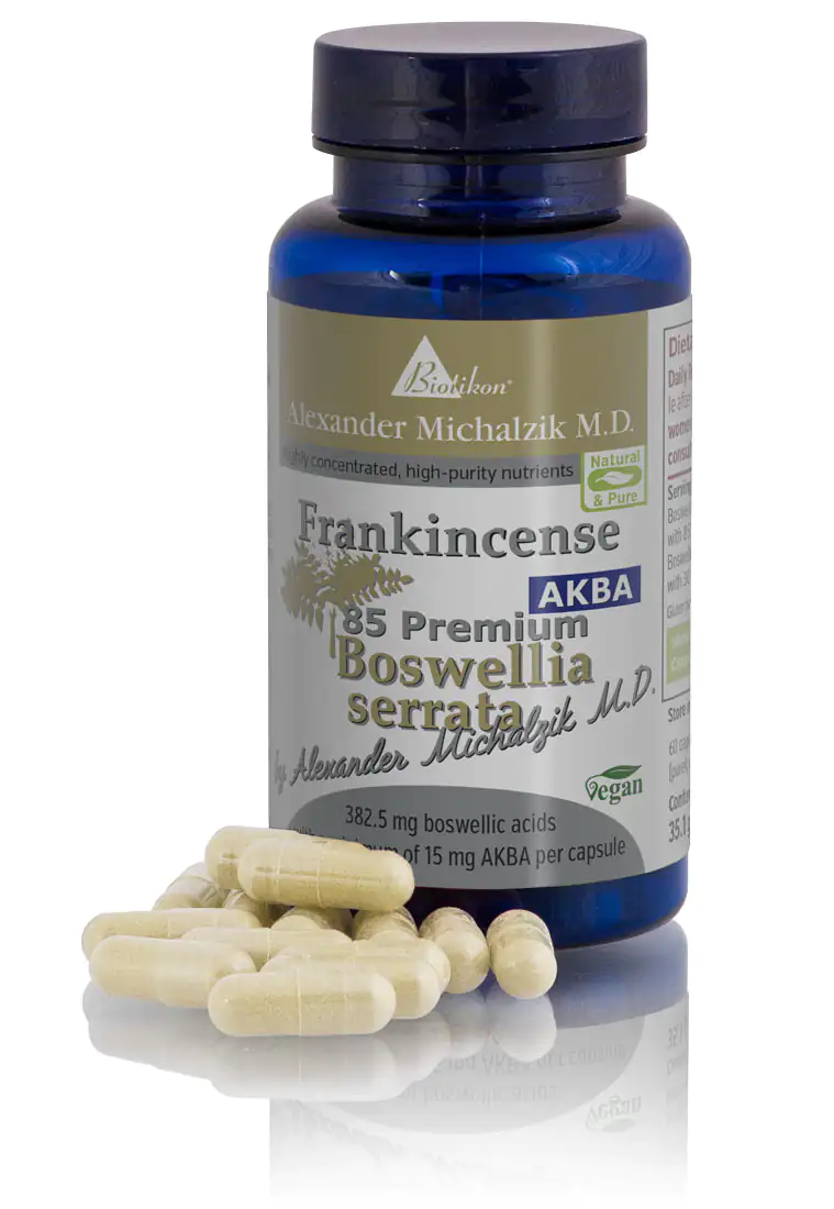 Frankincense 85 AKBA Capsules - 350g Packaging of Frankincense capsules with 85 AKBA, blue bottle, cream-colored capsules, 350g