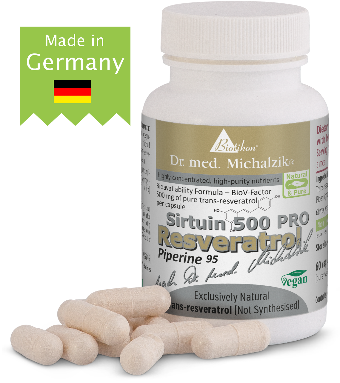 Sirtuin 500 PRO Resveratrol – 60 Capsules Bottle of 60 Sirtuin 500 PRO Resveratrol capsules, beige capsules, Made in Germany.