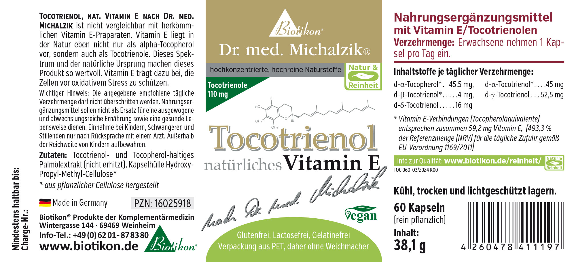 Tocotrienol 110 mg – 60 Capsules Package of 60 plant-based Tocotrienol capsules by Biotikon, stored in transparent PET packaging, keep cool and dry.