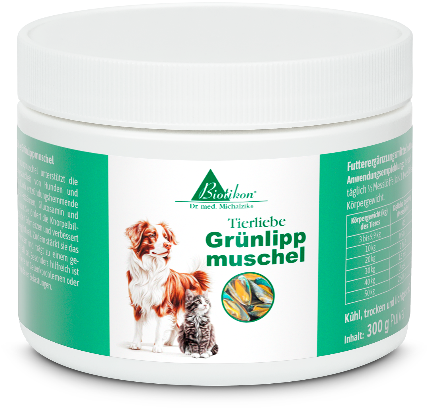 Green Lipped Mussel 300g - Powder Canister with Green Lipped Mussel powder for dogs and cats, 300g, featuring colorful images of a dog and cat.