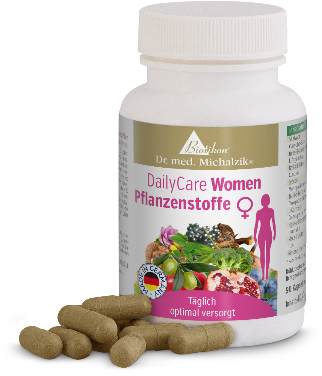 DailyCare Women - 90 Plant-Based Capsules Bottle of 90 plant-based capsules, colorful plant illustrations, brown capsules on the table.