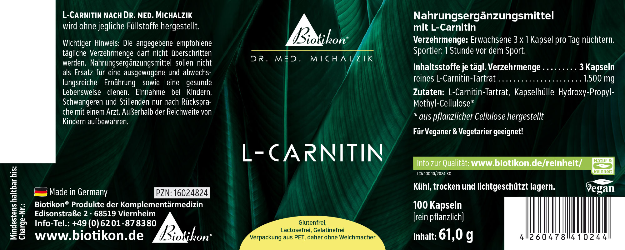 L-Carnitine 1500 mg – 100 Capsules Dietary supplement L-Carnitine in green packaging, contains 100 vegan, plant-based capsules.