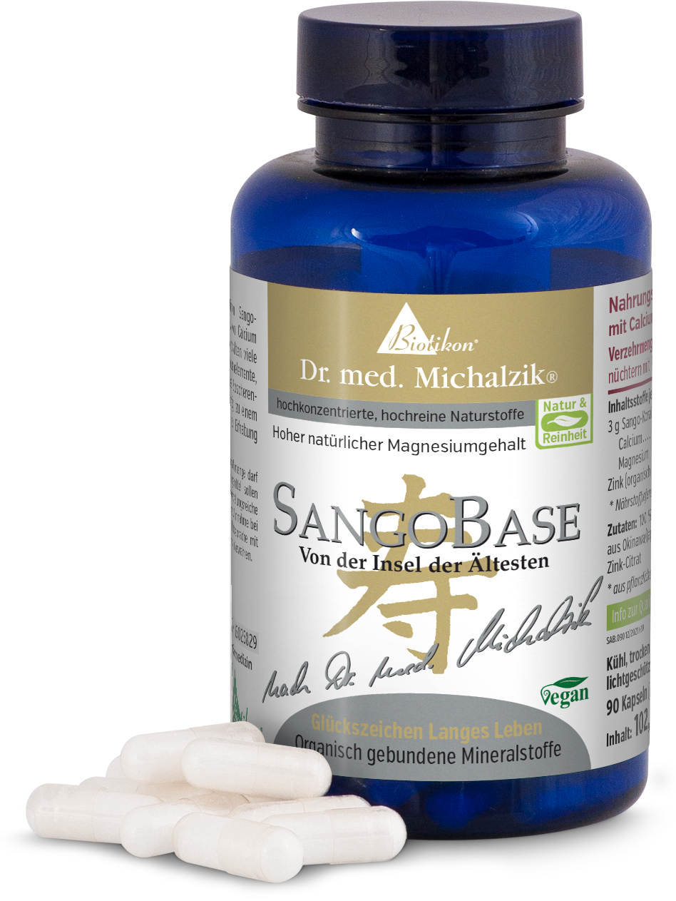 SangoBase 90 Capsules – Organic Mineral Compounds Blue glass container with 90 capsules, SangoBase, vegan, view of capsules and bottle.