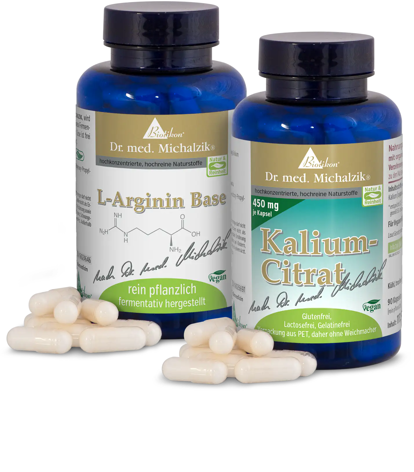 L-Arginine Base 450 mg – Capsules Two bottles of L-Arginine and potassium citrate capsules, white, in blue containers, 90 capsules per bottle.