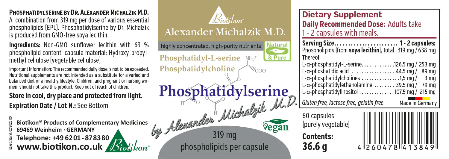 Phosphatidylserine 319 mg – Capsules 60 capsules of phosphatidylserine, 319 mg per capsule, plant-based capsule shell, side view.