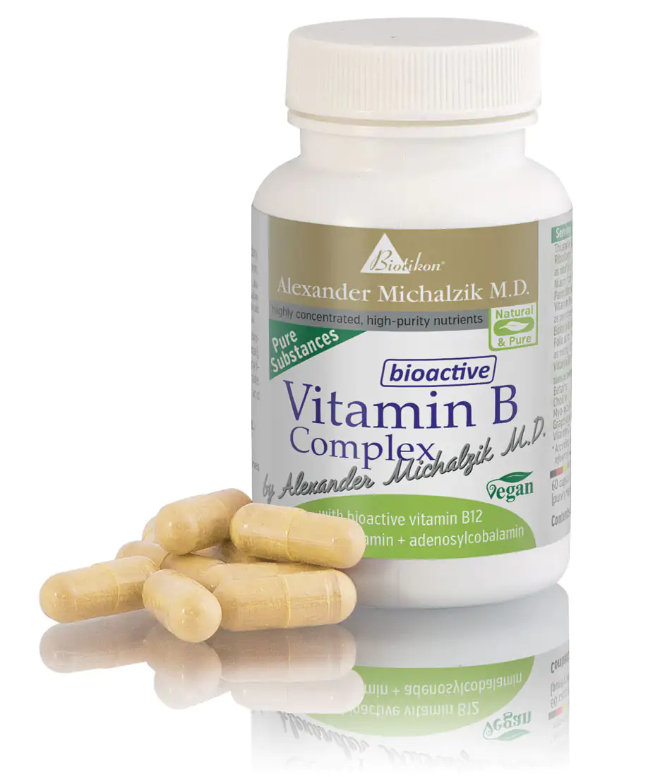 Vitamin B Complex – 60 Capsules Bottle of Vitamin B Complex with 60 beige capsule-shaped tablets, smooth surface, reflective background.