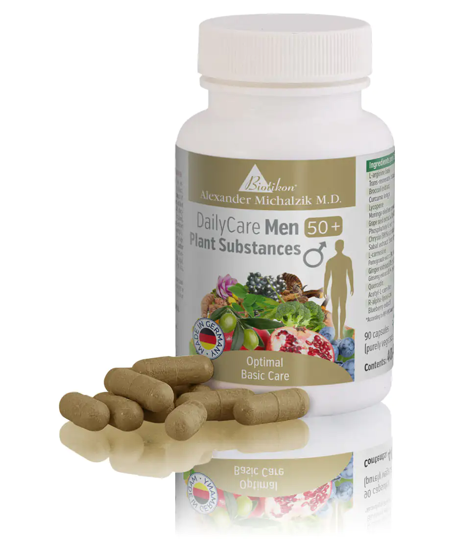 DailyCare Men 50+ – 90 Capsules Dietary supplement for men over 50, beige capsules, packaging featuring plant motifs.