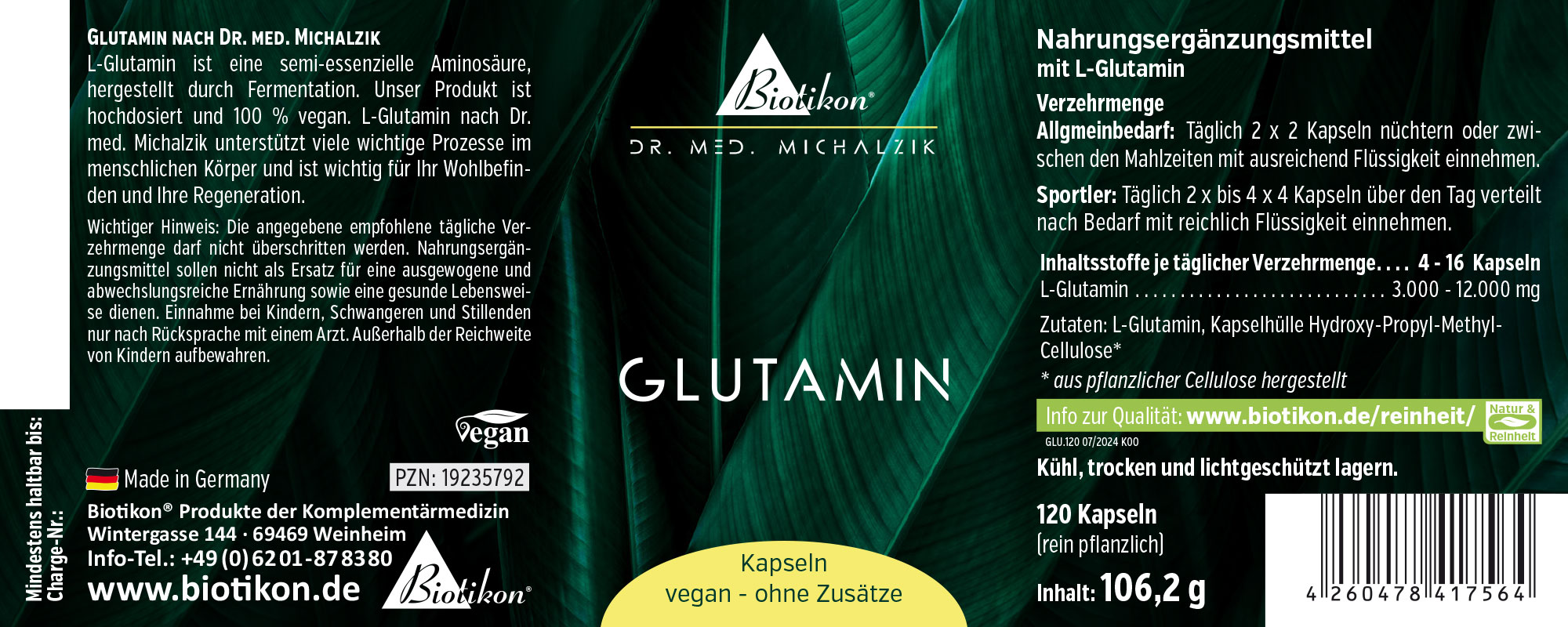 Glutamine 120 Capsules - Vegan Vegan glutamine capsules in packaging, 120 capsules, green background, angled perspective
