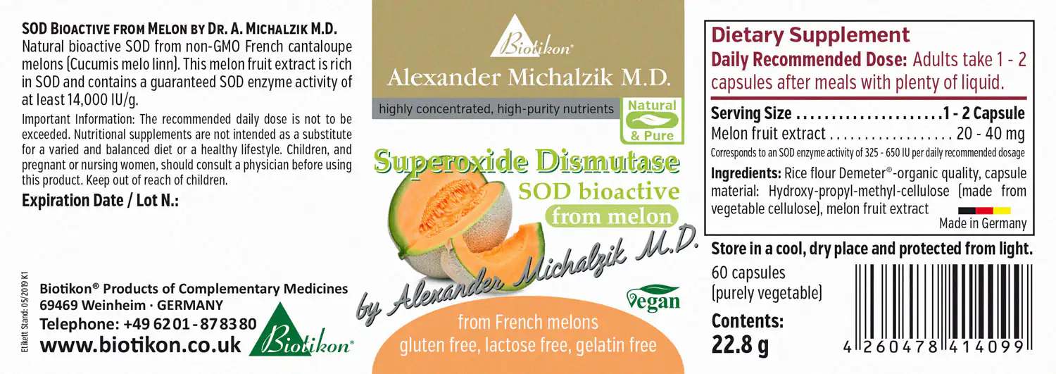 SOD Bioactive from Melon – 60 Capsules Dietary supplement with SOD from French melons, 60 capsules, in green packaging.